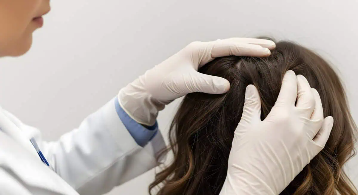 Provider examining a woman's scalp during a hair loss evaluation in San Francisco.